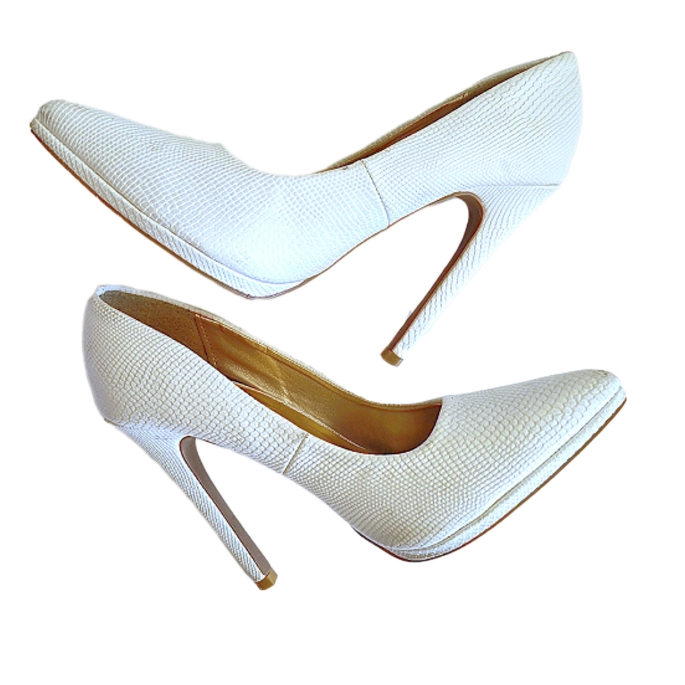 White Pointed Toe Faux Snake Skin Platform Stiletto Heels